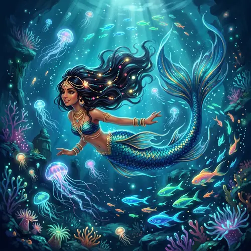 Surreal Underwater Scene with South Asian Mermaid and Bioluminescent Sea Creatures
