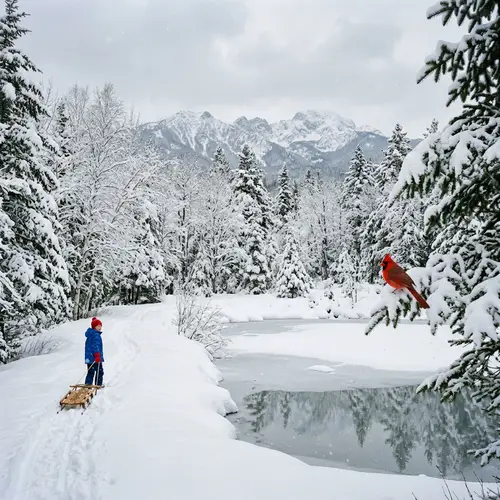 Serene Winter Landscape: Beauty in White with Snow-Capped Mountains