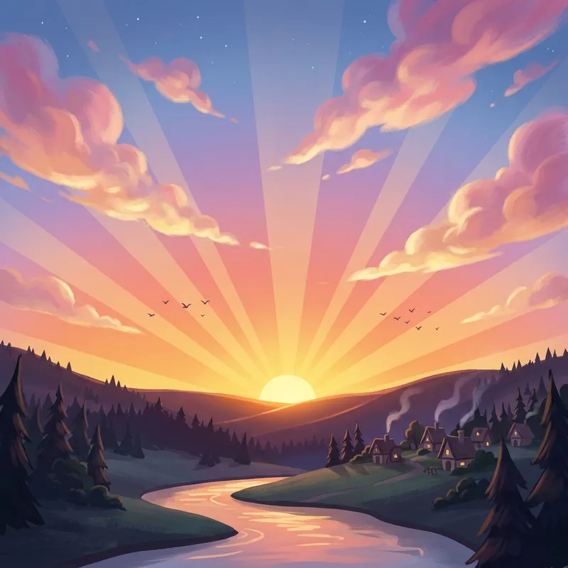 Cartoon Morning Sun Rise in Pink & Gold Sky Cartoon Morning Sun Rise in Pink & Gold Sky