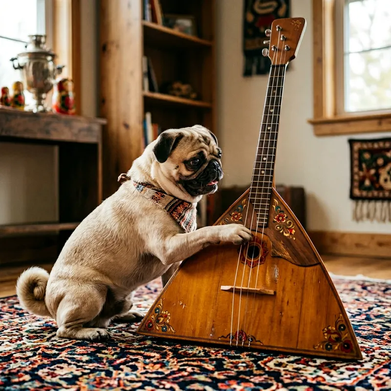 Playful Pug Interacting with Balalaika | Fun-loving Scene