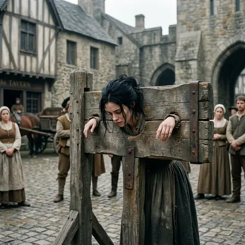Caucasian Woman in Historical Pillory Scene