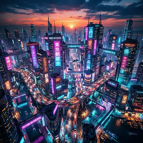 Vibrant Cyberpunk Cityscape at Sunset | Aerial Drone View