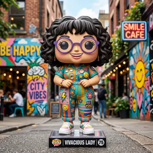Chic Plus Size Woman Funko Pop Character in Colorful Jumper Suit