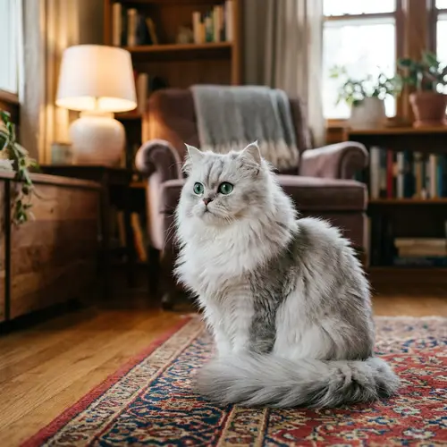 Fluffy Persian Cat with Emerald Green Eyes in Serene Setting