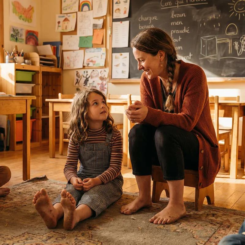 Charming Teacher and Student in a Warm Classroom