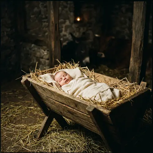 Baby Jesus Sleeping in Wooden Manger - Symbol of Hope and Renewal