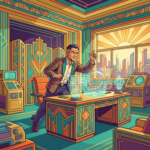 Bold & Confident Middle-Aged Asian Self-Employed Person in Art Deco Workspace