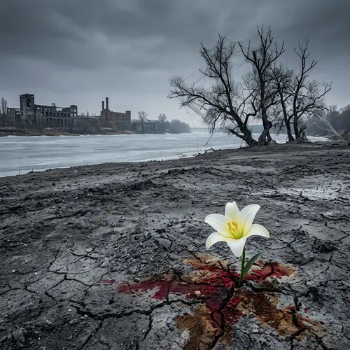 Resilient Lily in Desolate Ash Field – A Symbol of Hope and Struggle