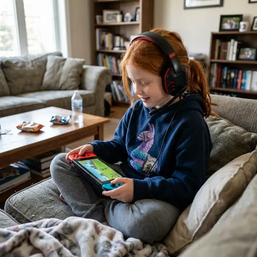 Red-Headed 8-Year-Old Plays Fortnite on Switch