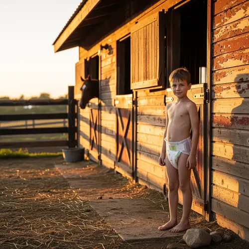 Caucasian Boy in Diaper Near Horse Barn