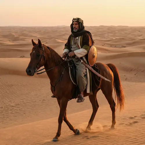 Middle-Eastern Warrior Riding Horse in Vast Desert