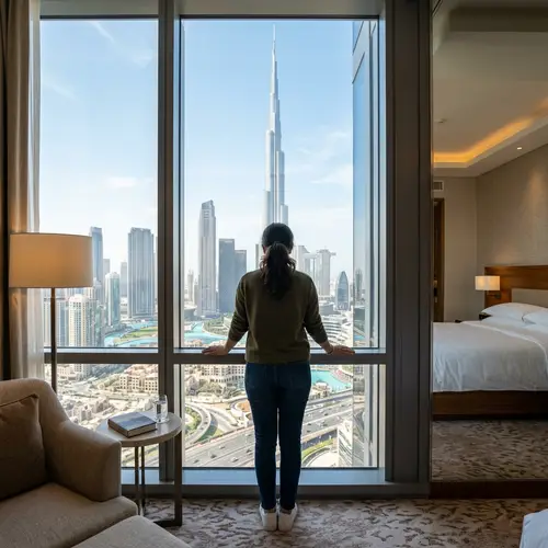 Faceless Woman Facing Burj Khalifa in Hotel Room
