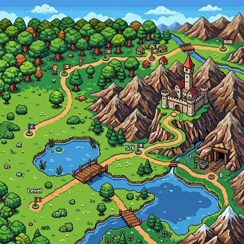 Retro Pixelated Level Selector Map - Adventure Pixel Art Landscape