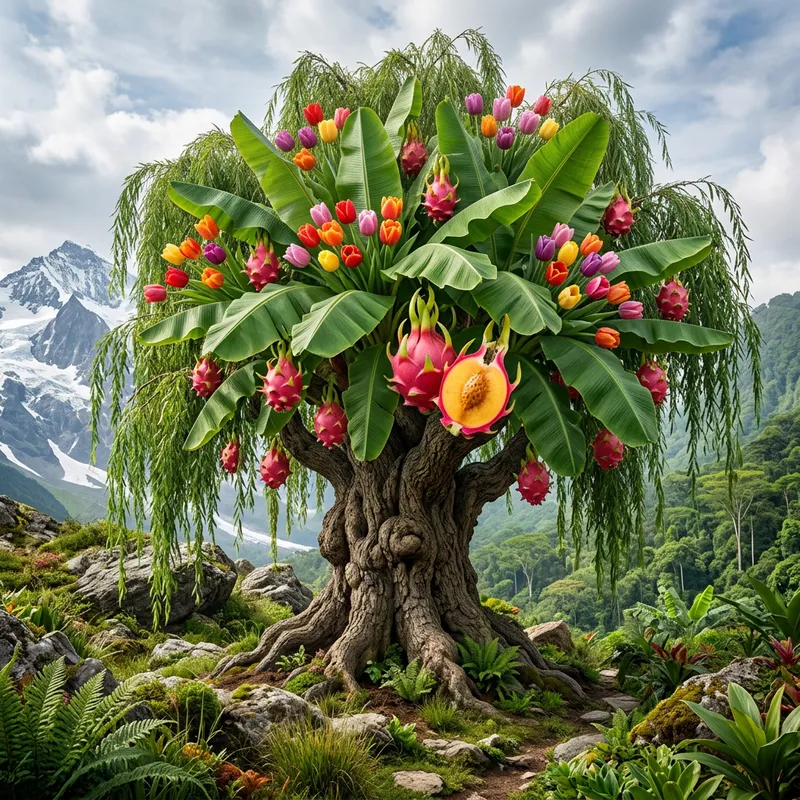 Miraculous Hybrid Plant: Oak Trunk, Willow Branches, Banana Leaves, Tulip Flowers & Exotic Dragon Fruit-Peach Fruits