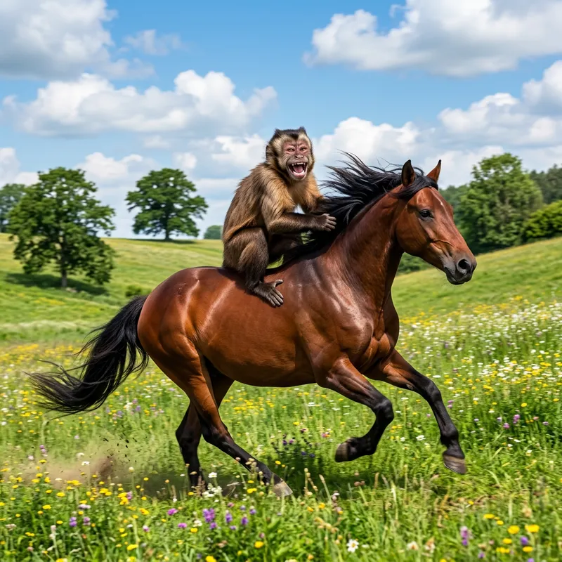 Playful Monkey Riding Sturdy Horse in Lush Green Meadow