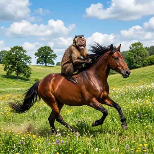 Joyful Monkey Riding Sturdy Horse in Lush Meadow