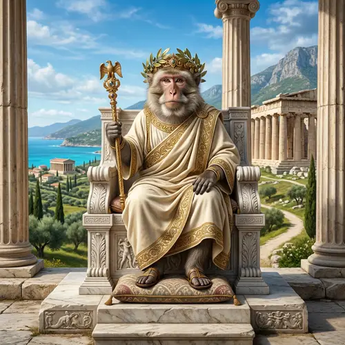 Majestic Monkey: A Greek God Ruling in Toga and Wreath