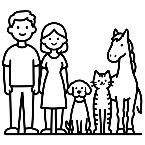 Family Line Art: Dad, Mum, Baby, Dog, Cat, & Horse