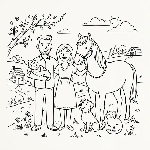 Family Line Art: Dad, Mum, Baby, Dog, Cat, & Horse