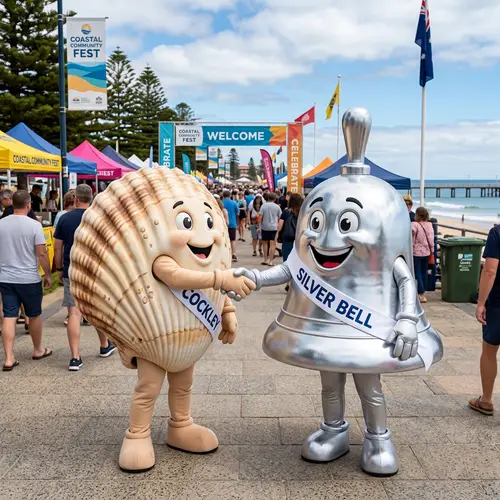 Cockle Shell & Silver Bell Mascots Shaking Hands