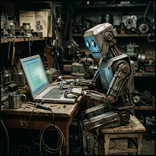 Vintage Robot Engaged with Outdated Laptop | Retro Tech Scene