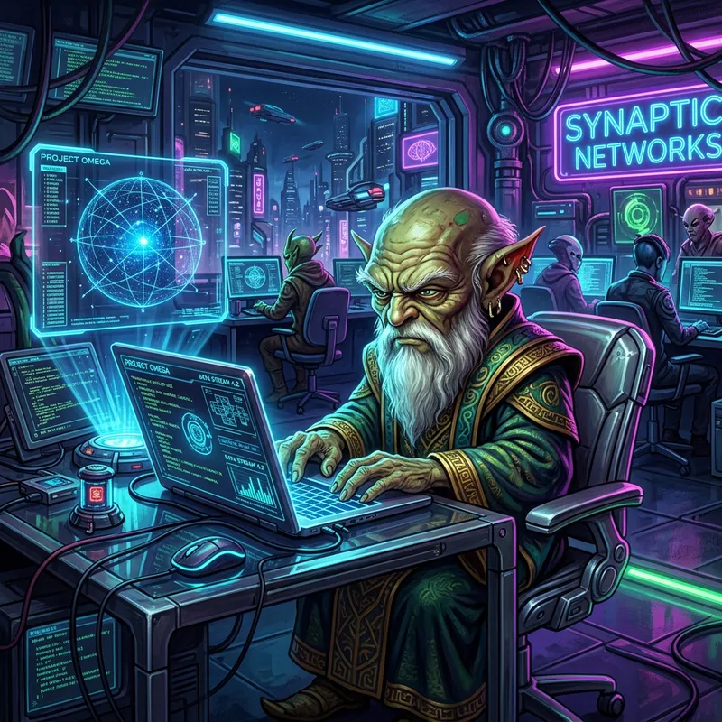 Futuristic Jedi Master Yoda on Laptop in Cyberpunk Office Futuristic Jedi Master Yoda on Laptop in Cyberpunk Office