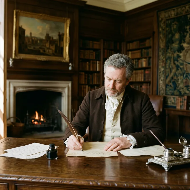 Andrew Jackson Writing at Resolute Desk in Oval Office with Quill Pen