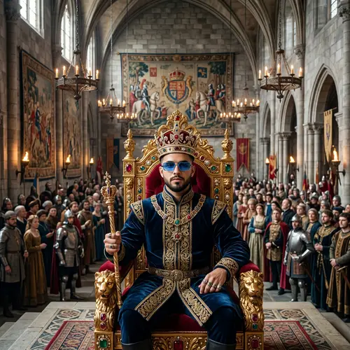 Hispanic Man in Jeweled Crown on Lavish Throne