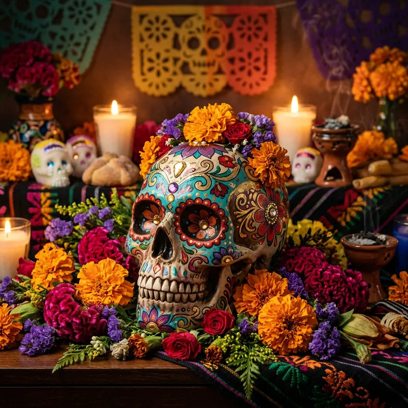 Intricately Decorated Human Skull with Day of the Dead Motifs Intricately Decorated Human Skull with Day of the Dead Motifs