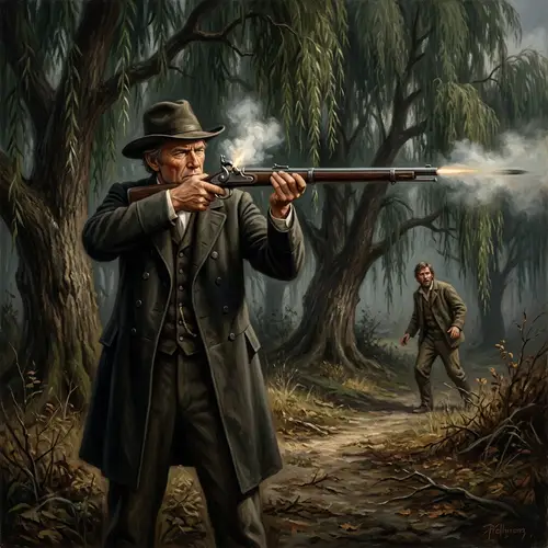 Intense Historical Scene: Figures Among Weeping Willows