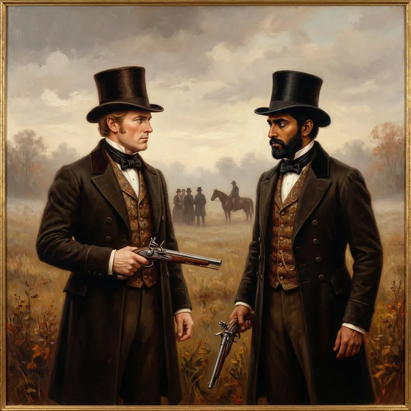 Intriguing Duel of Dapper Gentlemen in Vintage Oil Painting Style