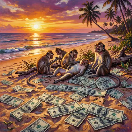 Tropical Beach Scene with Monkeys and US Dollars