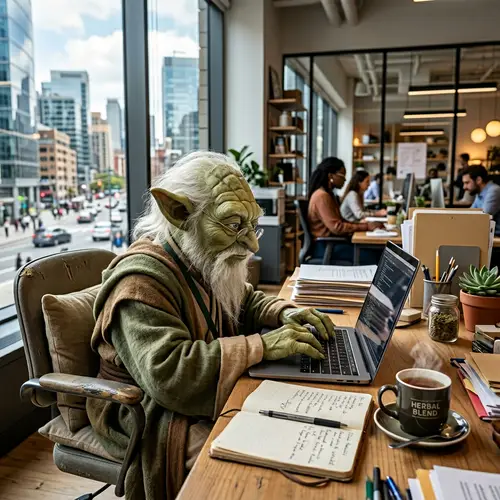 Elderly Green-Skinned Character Working on Laptop in Modern Office