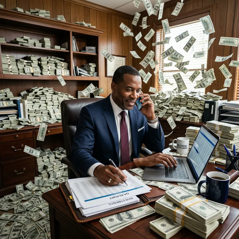 Successful Black Businessman Multitasking in Cash-Filled Room