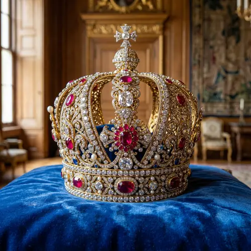 Extravagantly Large Royal Crown with Diamonds and Rubies on Blue Velvet