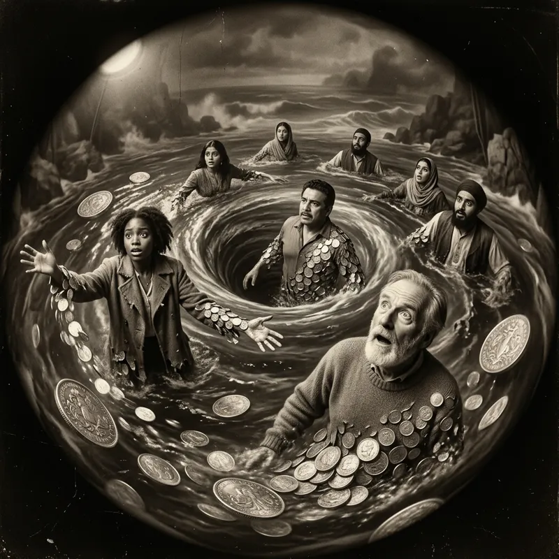 Surreal Whirlpool Transformation: Human to Silver Coins in Dali-inspired Masterpiece Surreal Whirlpool Transformation: Human to Silver Coins in Dali-inspired Masterpiece