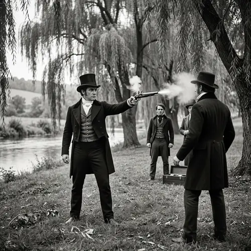 19th Century Duel Scene Amid Weeping Willows