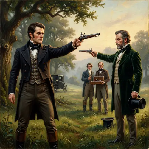 19th Century Duel: Elegantly Dressed Men in Dramatic Pistol Fight