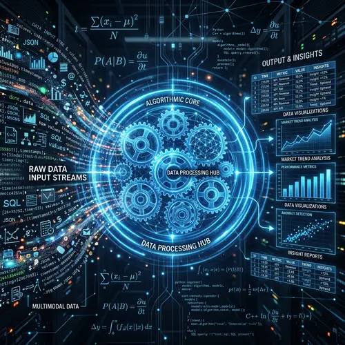 Advanced Analytic System with Blue Gear Wheels and Data Streams