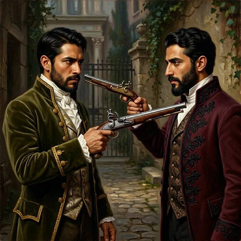 Intense Duel of Elegantly Dressed Men in Rich Oil Painting Style
