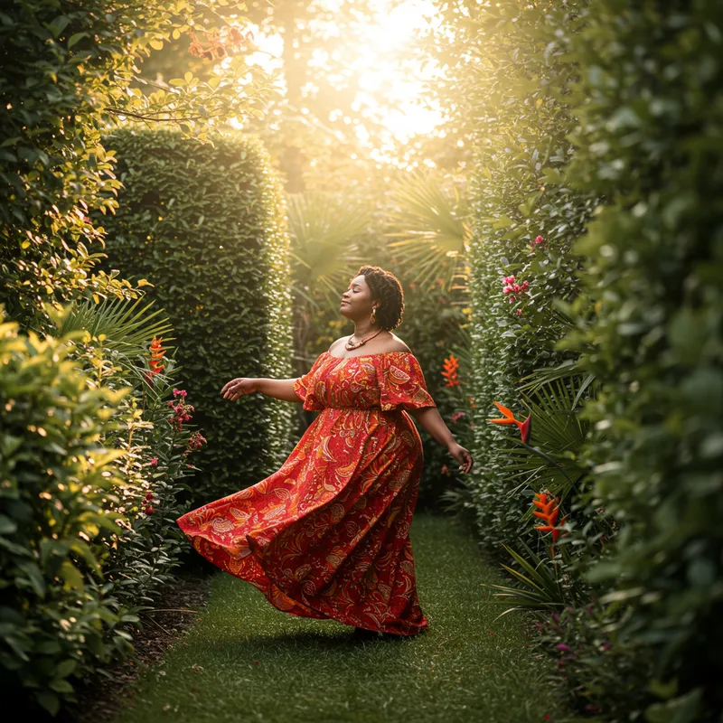 Graceful African Princess Dancing in a Tropical Garden