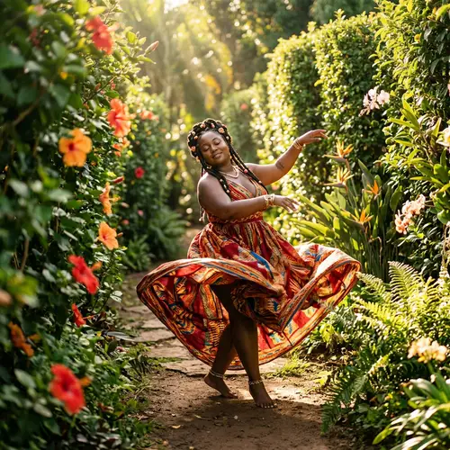 Graceful African Princess Dancing in a Tropical Garden