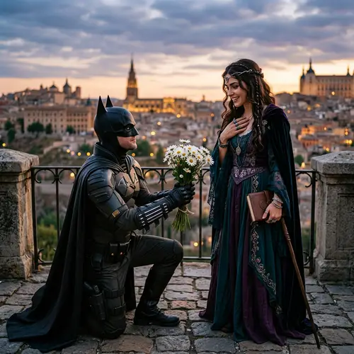 Enchanting Twilight Encounter: Vigilante and Witch with White Daisies