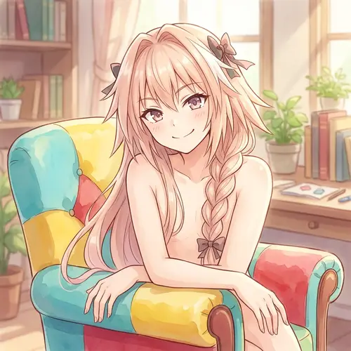 Playful Astolfo-Like Character Sitting on Colorful Chair