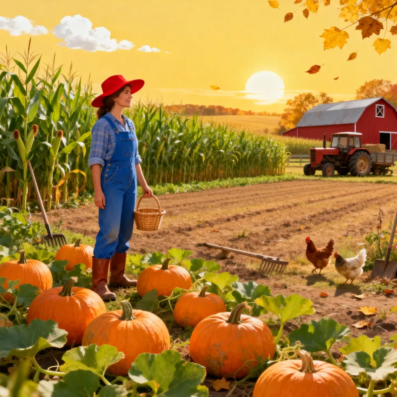 Farmer Rosa in a Vibrant Fall Farm Scene Farmer Rosa in a Vibrant Fall Farm Scene