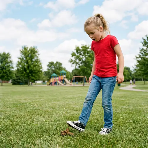 Surprised Girl Steps on Dog Poo: Unexpected Mishap in the Park