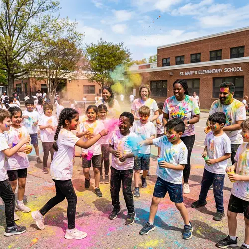 Joyous Celebration of Holi Festival in Diverse School Setting