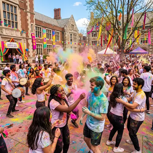 Vibrant Holi Celebration on College Campus - Festival of Colors