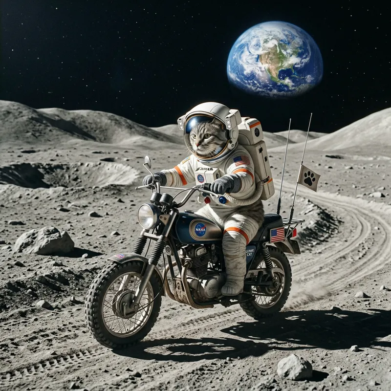 A Cat on a Motorcycle on the Moon