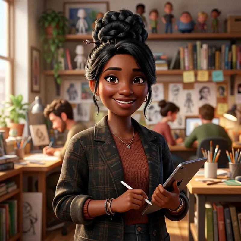 Short Brown-skinned Woman with Long Flowing Black Hair | Modern 3D Animation Style